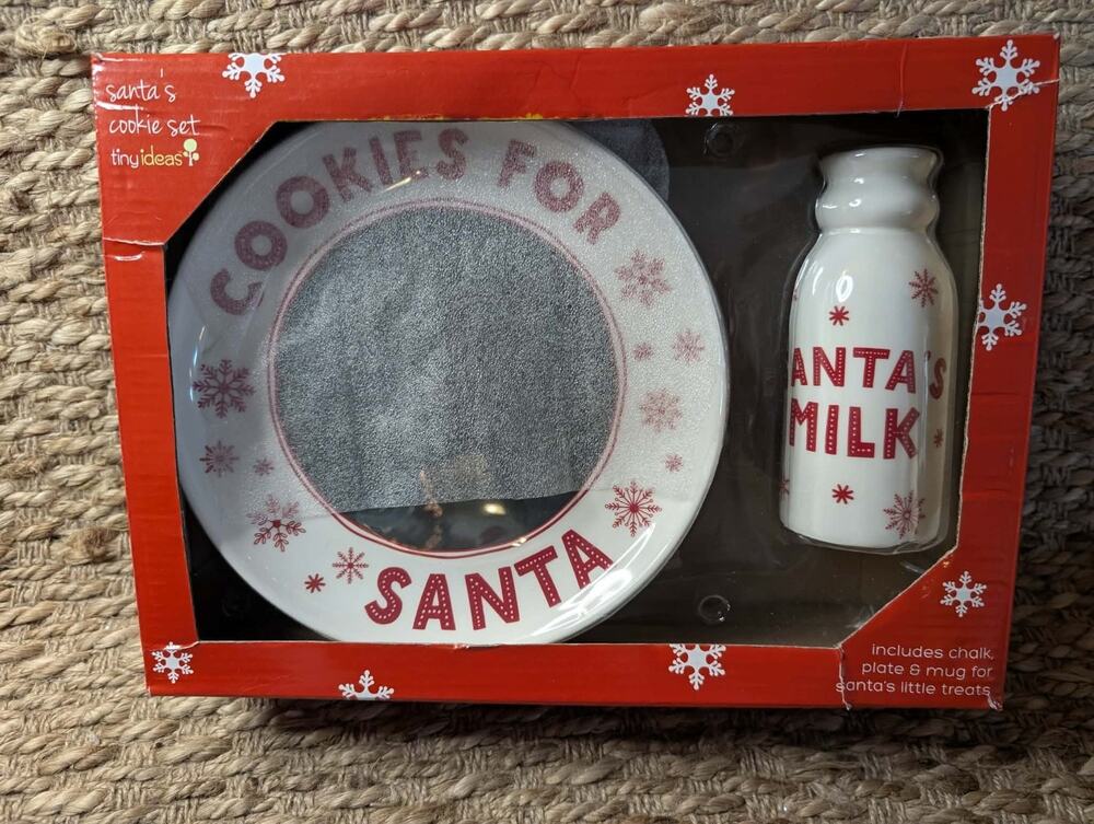 NEW! Christmas Santa Claus Cookies & Chalk Board Milk Plate & Jug Set Red White